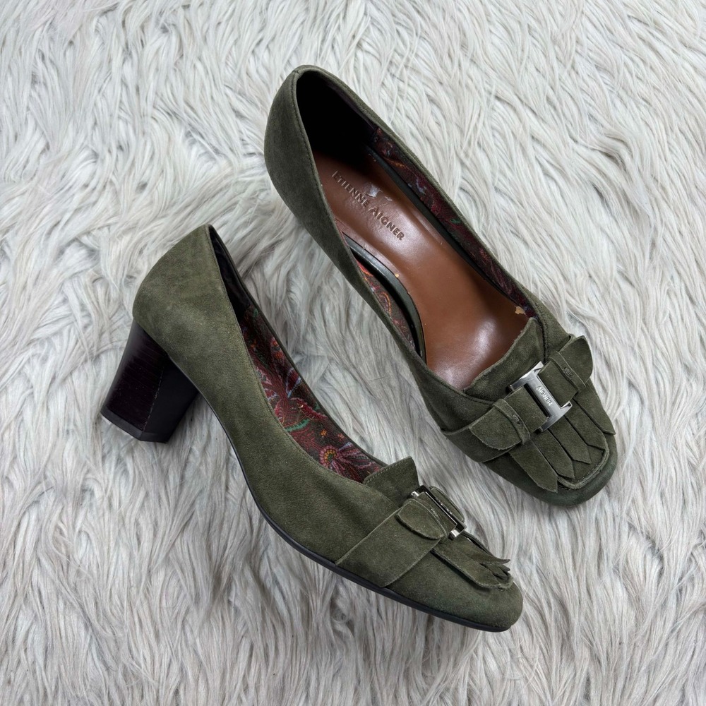 Etienne Aigner Women's 7.5 Green Suede Madge Pumps Tassel Buckle Heritage Preppy